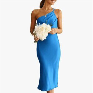 PRETTYGARDEN Women's Midi Satin Dress S Blue One Shoulder Spaghetti Strap NEW